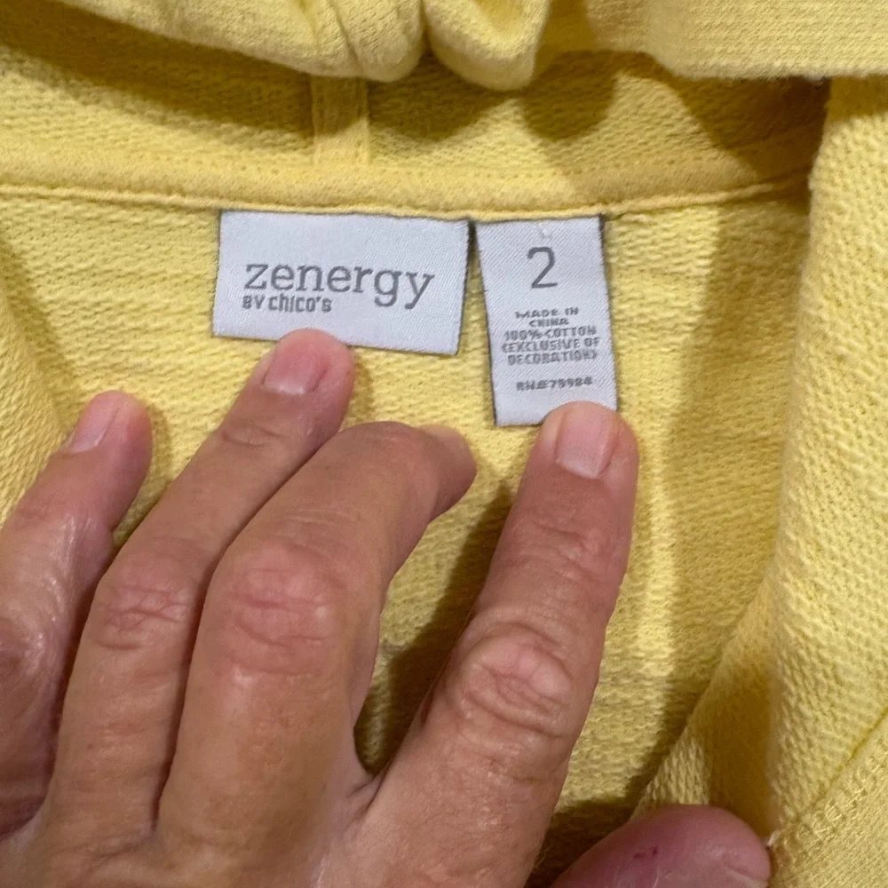 Zenergy by Chicos Butter Yellow Lace Trip 3/4 Sleeve Zip Up Hoodie Women’s Sz 2 - Picture 5 of 7